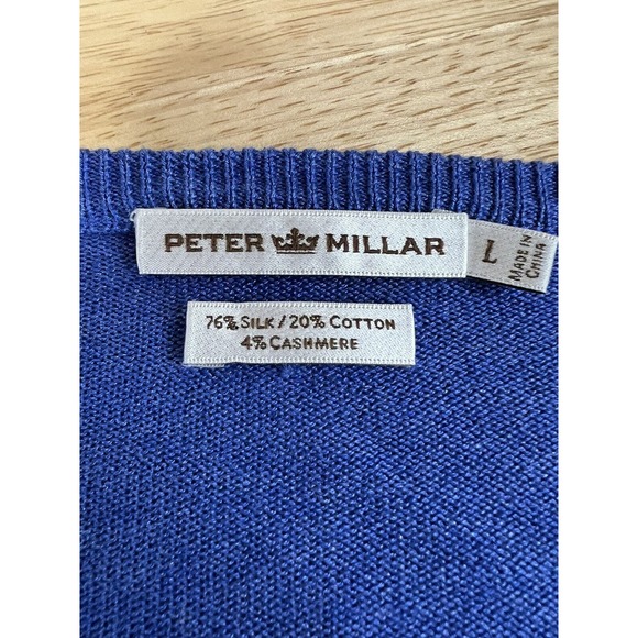 Peter Millar Men's V-Neck Sweater Large Blue 75% Silk 20% Cotton 4% Cashmere - Picture 3 of 4
